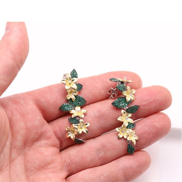 Long Flower Earrings Sterling Silver Brilliant Green Flowers Earring - Picture 3 of 5